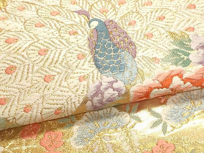 平和屋本店▼六通柄袋帯　唐織　孔雀花文　本金箔　正絹　逸品　DABK5533sf