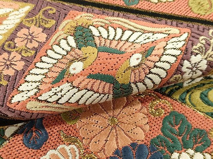 平和屋本店▼西陣　とみや織物謹製　六通柄袋帯　唐織　繍魔錦　双鶴花唐草文　黒地　本金箔　証紙付き　正絹　逸品　DABK5540sf