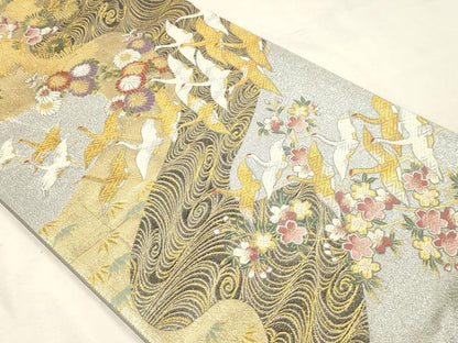 平和屋本店▼六通柄袋帯　織陣　流水吉兆鶴文　本金箔　正絹　逸品　DABK5547sf
