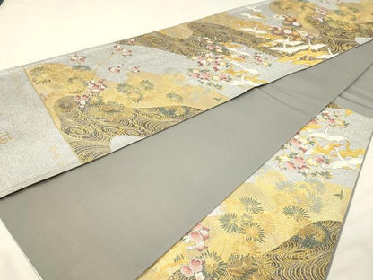 平和屋本店▼六通柄袋帯　織陣　流水吉兆鶴文　本金箔　正絹　逸品　DABK5547sf