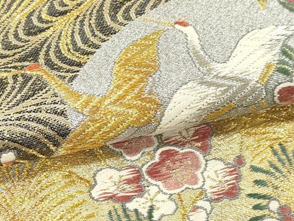 平和屋本店▼六通柄袋帯　織陣　流水吉兆鶴文　本金箔　正絹　逸品　DABK5547sf
