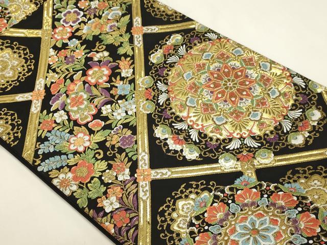 平和屋本店▼六通柄袋帯　華燐格子文　黒地　本金箔　正絹　逸品　DABK5550sf