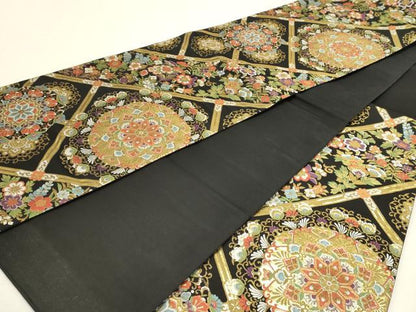 平和屋本店▼六通柄袋帯　華燐格子文　黒地　本金箔　正絹　逸品　DABK5550sf