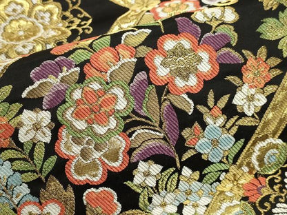 平和屋本店▼六通柄袋帯　華燐格子文　黒地　本金箔　正絹　逸品　DABK5550sf