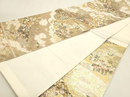 平和屋本店▼六通柄袋帯　春秋脱映文　九百本金弐重織　正絹　逸品　DABK5561sf