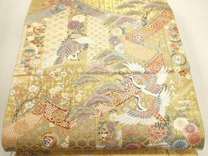 平和屋本店▼西陣　長嶋成織物　ながしま帯　六通柄袋帯　華花鳥文様　本金箔　正絹　逸品　DABK5563sf