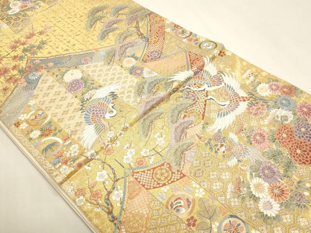 平和屋本店▼西陣　長嶋成織物　ながしま帯　六通柄袋帯　華花鳥文様　本金箔　正絹　逸品　DABK5563sf