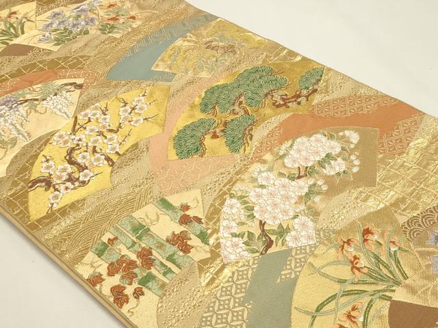 平和屋本店▼西陣　服部織物謹製　六通柄袋帯　唐織　桃山扇面文様　本金箔　正絹　逸品　DABK5584sf
