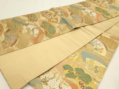 平和屋本店▼西陣　服部織物謹製　六通柄袋帯　唐織　桃山扇面文様　本金箔　正絹　逸品　DABK5584sf