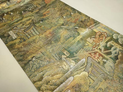平和屋本店▼極上　西陣あさぎ　全通全景柄袋帯　源氏物語絵巻　24金プラチナ二重箔　正絹　逸品　DABK5590sf