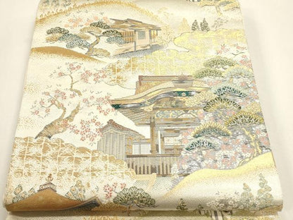 平和屋本店▼西陣　織華佐竹謹製　六通柄袋帯　風景文　本金二重箔　証紙付き　正絹　逸品　未使用　DABK5592sf