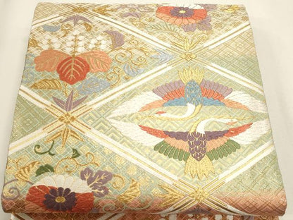 平和屋本店▼六通柄袋帯　唐織　双鶴花文　純金箔経佐賀錦　正絹　逸品　DABK5597sf