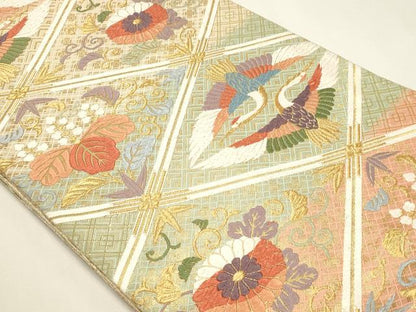 平和屋本店▼六通柄袋帯　唐織　双鶴花文　純金箔経佐賀錦　正絹　逸品　DABK5597sf