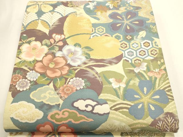 平和屋本店▼六通柄袋帯　紹巴　草花文　帯ひとすじ　本金箔　正絹　逸品　DABK5599sf