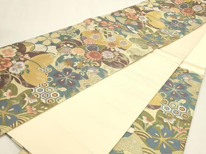 平和屋本店▼六通柄袋帯　紹巴　草花文　帯ひとすじ　本金箔　正絹　逸品　DABK5599sf