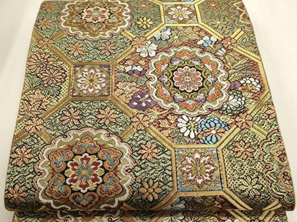 平和屋本店▼全通柄袋帯　絽刺し　区限刺繍　正倉院花文　本金箔　正絹　逸品　DABK5601sf