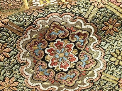 平和屋本店▼全通柄袋帯　絽刺し　区限刺繍　正倉院花文　本金箔　正絹　逸品　DABK5601sf