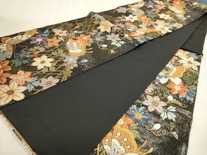 平和屋本店▼六通柄袋帯　唐織　春の舞　黒地　純金箔　正絹　逸品　DABK5602sf