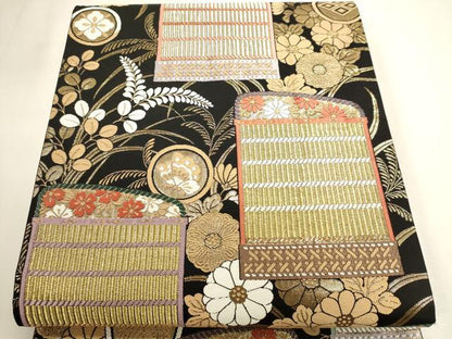 平和屋本店▼六通柄袋帯　秋草鎧文　黒地　本金箔　正絹　逸品　DABK5603sf