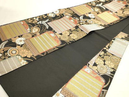平和屋本店▼六通柄袋帯　秋草鎧文　黒地　本金箔　正絹　逸品　DABK5603sf