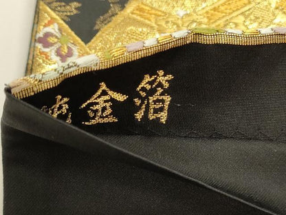 平和屋本店▼六通柄袋帯　裂取四季花鳥文様　黒地　本金箔　正絹　逸品　DABK5605sf