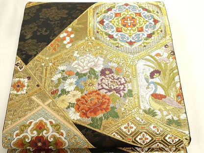 平和屋本店▼六通柄袋帯　裂取四季花鳥文様　黒地　本金箔　正絹　逸品　DABK5605sf