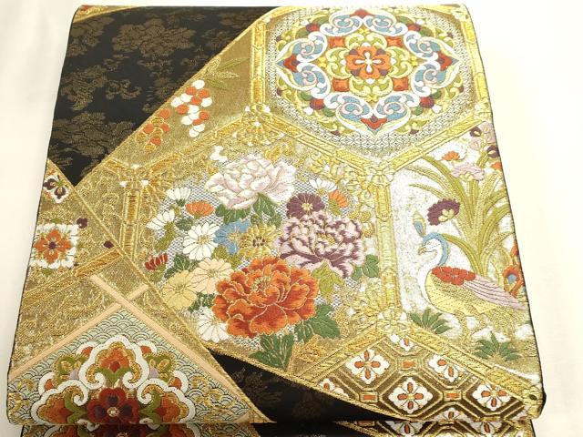 平和屋本店▼六通柄袋帯　裂取四季花鳥文様　黒地　本金箔　正絹　逸品　DABK5605sf