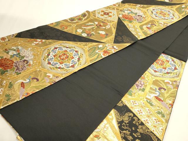 平和屋本店▼六通柄袋帯　裂取四季花鳥文様　黒地　本金箔　正絹　逸品　DABK5605sf