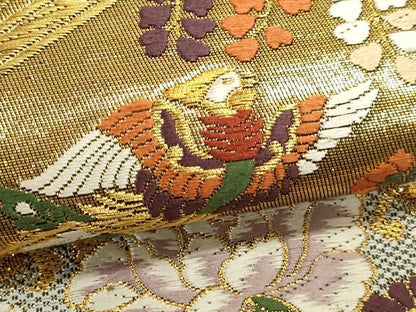 平和屋本店▼六通柄袋帯　裂取四季花鳥文様　黒地　本金箔　正絹　逸品　DABK5605sf