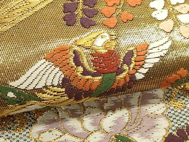 平和屋本店▼六通柄袋帯　裂取四季花鳥文様　黒地　本金箔　正絹　逸品　DABK5605sf