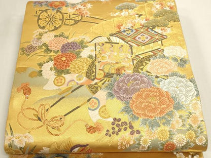 平和屋本店▼六通柄袋帯　唐織　御所車花文　本金二重箔　正絹　逸品　DABK5611sf
