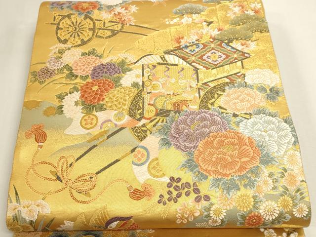 平和屋本店▼六通柄袋帯　唐織　御所車花文　本金二重箔　正絹　逸品　DABK5611sf