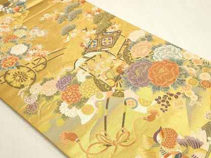 平和屋本店▼六通柄袋帯　唐織　御所車花文　本金二重箔　正絹　逸品　DABK5611sf
