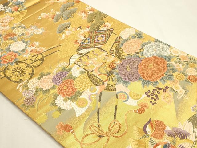 平和屋本店▼六通柄袋帯　唐織　御所車花文　本金二重箔　正絹　逸品　DABK5611sf