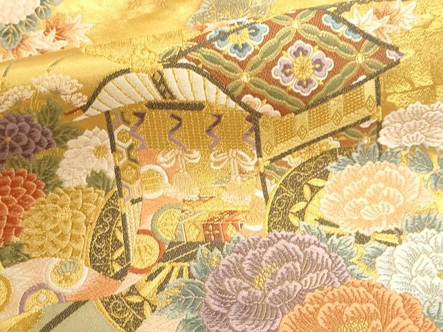 平和屋本店▼六通柄袋帯　唐織　御所車花文　本金二重箔　正絹　逸品　DABK5611sf