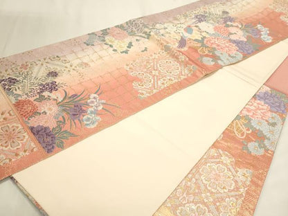 平和屋本店▼六通柄袋帯　唐織　花鳥文　純銀純金箔　正絹　逸品　DABK5612sf