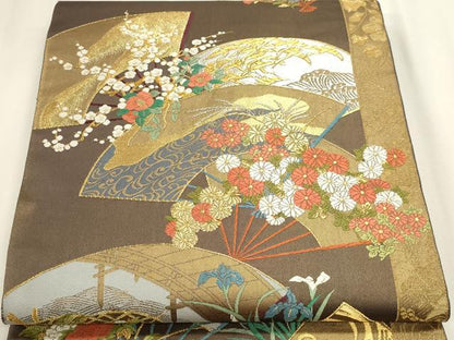 平和屋本店▼六通柄袋帯　地紙草花文　純金箔　正絹　逸品　DABK5613sf