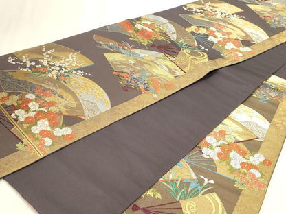 平和屋本店▼六通柄袋帯　地紙草花文　純金箔　正絹　逸品　DABK5613sf