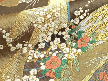 平和屋本店▼六通柄袋帯　地紙草花文　純金箔　正絹　逸品　DABK5613sf