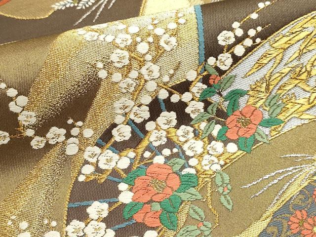 平和屋本店▼六通柄袋帯　地紙草花文　純金箔　正絹　逸品　DABK5613sf