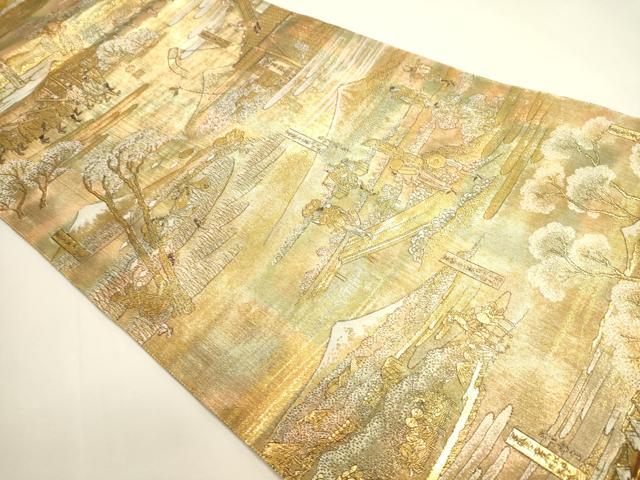 平和屋本店▼極上　西陣あさぎ　全通全景柄袋帯　北舟　富嶽三十六景　24金プラチナ二重箔　正絹　逸品　DABK5614sf