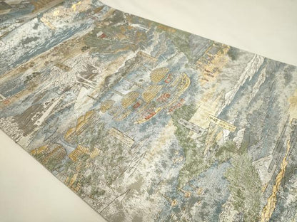 平和屋本店▼極上　西陣あさぎ　両面　全通全景柄袋帯　庚重名作業　六十餘州名勝留會　24金プラチナ本金箔　正絹　逸品　DABK5615sf
