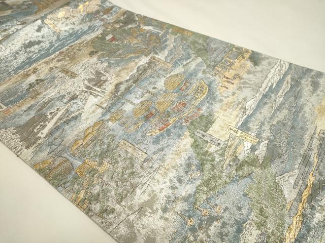 平和屋本店▼極上　西陣あさぎ　両面　全通全景柄袋帯　庚重名作業　六十餘州名勝留會　24金プラチナ本金箔　正絹　逸品　DABK5615sf