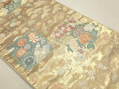 平和屋本店▼六通柄袋帯　唐織　舞扇光悦垣文　本金箔　正絹　逸品　DABK5618sf
