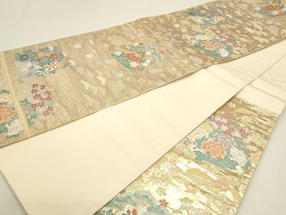 平和屋本店▼六通柄袋帯　唐織　舞扇光悦垣文　本金箔　正絹　逸品　DABK5618sf