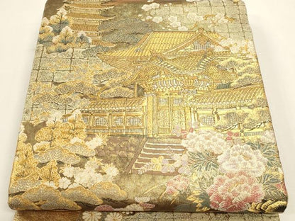 平和屋本店▼全通全景柄袋帯　風景草花文　本金箔二重箔織　正絹　逸品　DABK5627sf