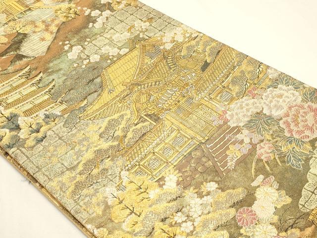 平和屋本店▼全通全景柄袋帯　風景草花文　本金箔二重箔織　正絹　逸品　DABK5627sf