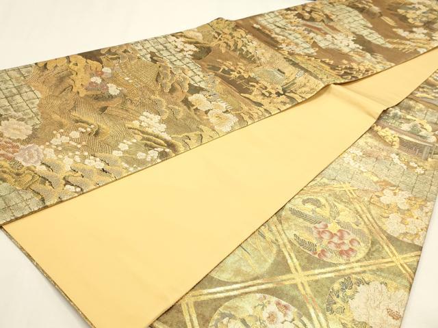 平和屋本店▼全通全景柄袋帯　風景草花文　本金箔二重箔織　正絹　逸品　DABK5627sf