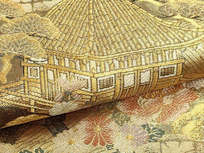 平和屋本店▼全通全景柄袋帯　風景草花文　本金箔二重箔織　正絹　逸品　DABK5627sf
