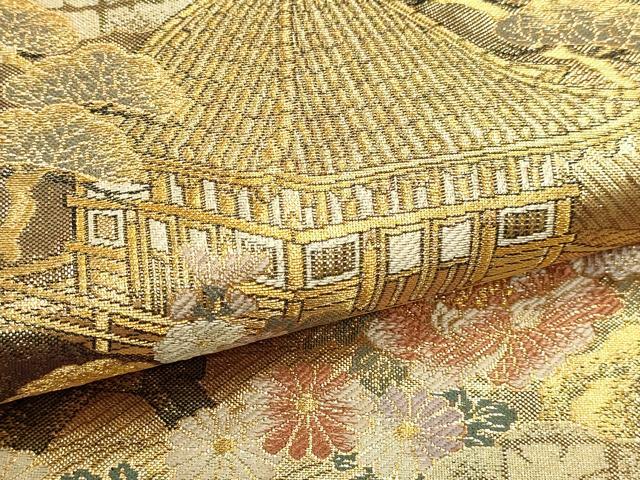 平和屋本店▼全通全景柄袋帯　風景草花文　本金箔二重箔織　正絹　逸品　DABK5627sf